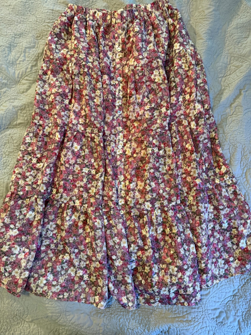 Floral Tiered Button-Front Midi Skirt in Pink